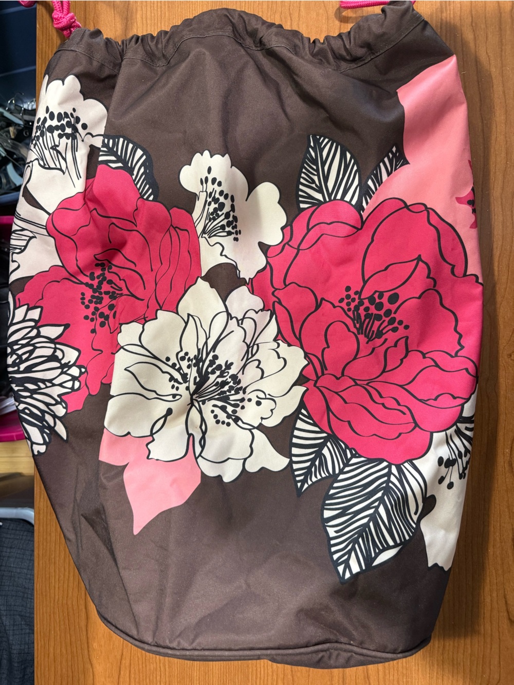 Vera Bradley Brown Hamper Drawstring Bag with Pink Trim